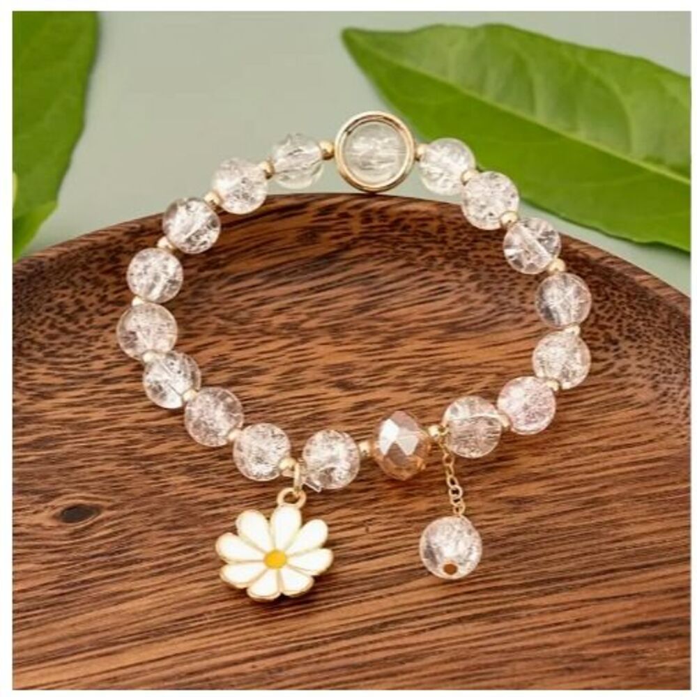 White Dangle DAISY Clear Round Beads Adjustable Gold Bracelet - Picture 1 of 3